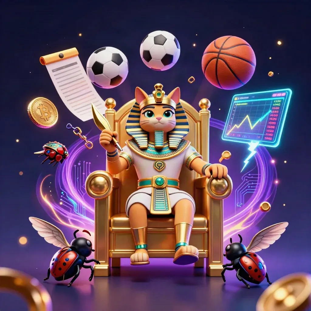 Pharaoh cat, ibis scribe, and gem-winged scarabs amid coins, balls, and electric casino glow.