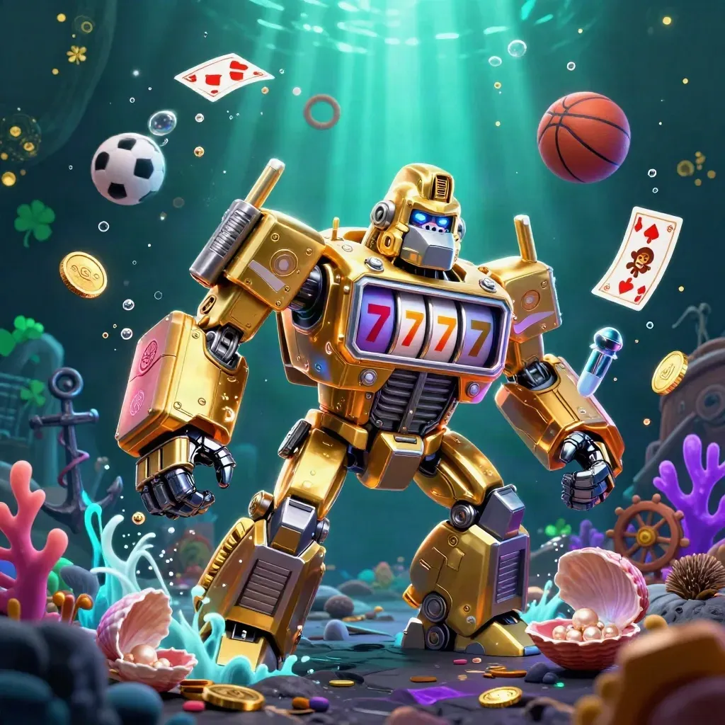 Golden gorilla mech and tiny monkey pilot amid underwater treasure, bubbles, sports gear, and neon glow.