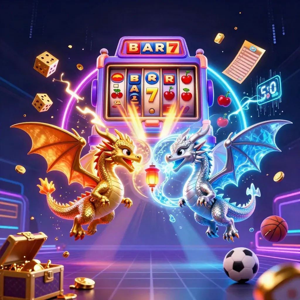 Gold and silver dragons yin-yang amid slot machine bursts, dice, balls, and neon energy