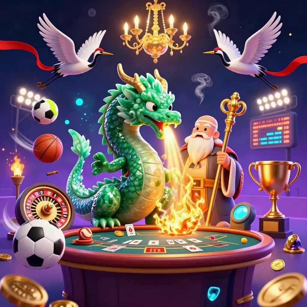 Emerald dragon, turtle sage, and cranes amid casino luxury, fire, coins, and glowing lights.