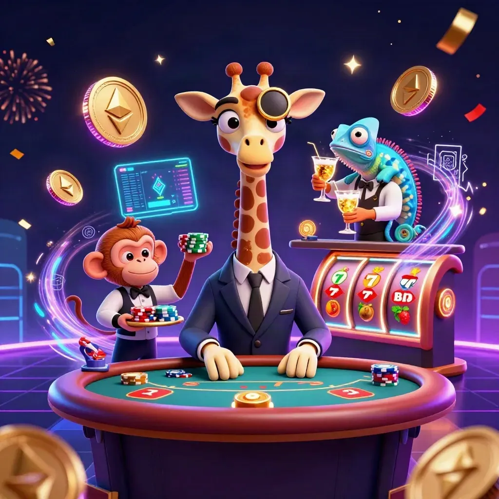 Giraffe, monkey valet, and chameleon bartender in a neon casino scene with coins, reels, and sparks