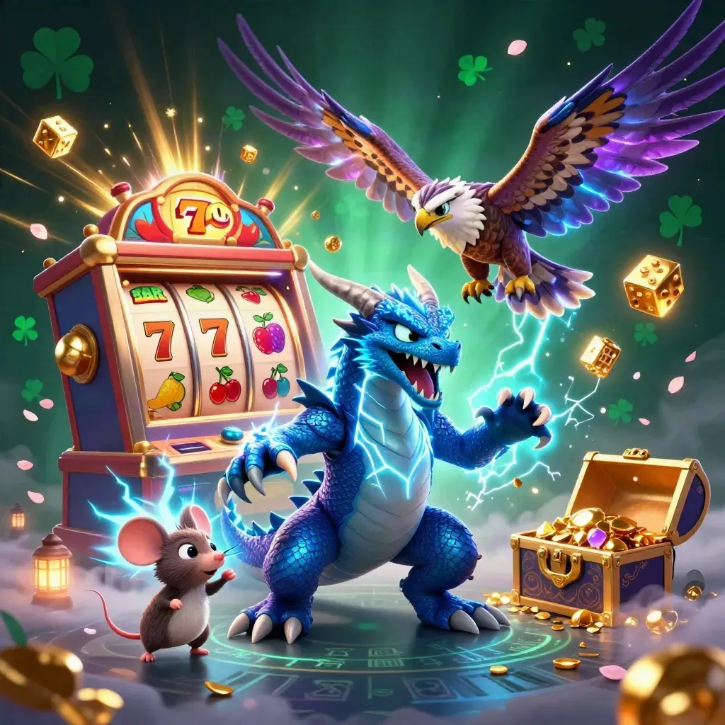 Thunder dragon, wind hawk, and static mouse amid slot machine treasures and glowing casino effects.