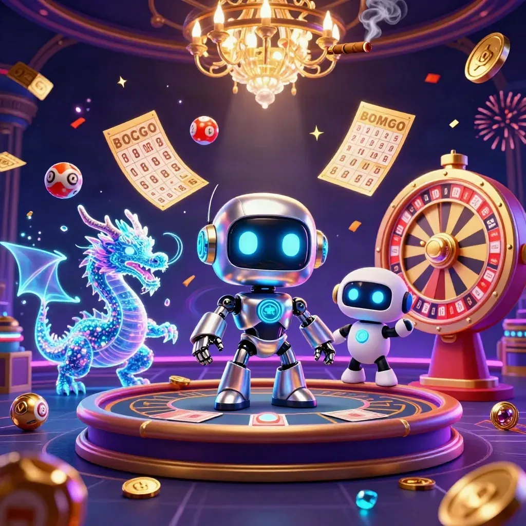 Cyberpunk robot, holographic dragon, and drone amid casino lights, coins, fireworks, and a roulette wheel.