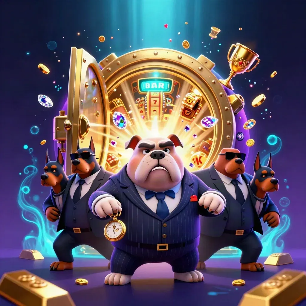 Cartoon bulldog mafia boss with two Dobermans bursts from a golden vault amid gems and cyan neon glow.