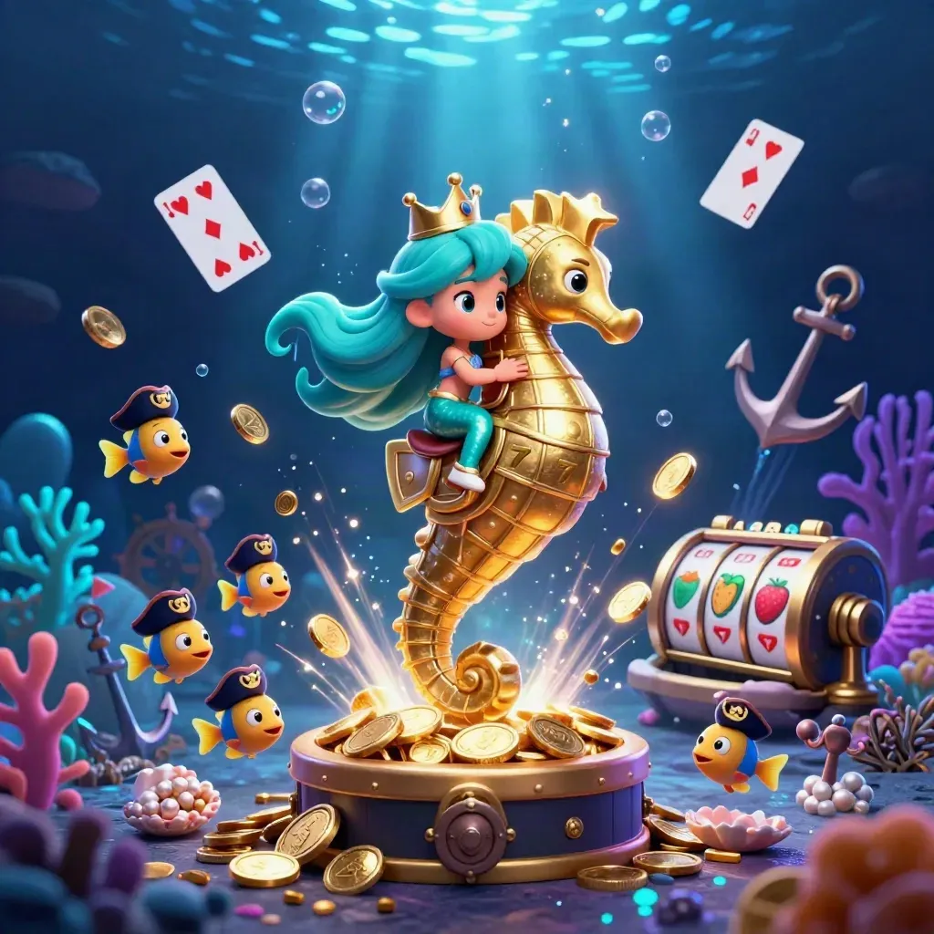 Mermaid princess on a golden seahorse amid coins, coral, cards, reels, and fireworks